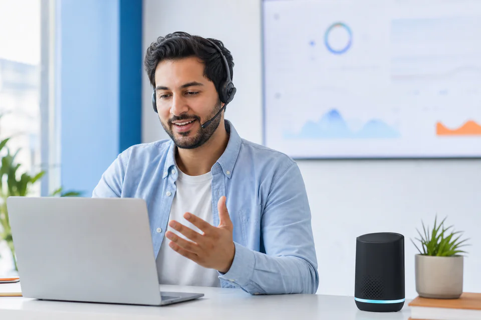 Telecom support advisor wearing a headset at a bright workstation