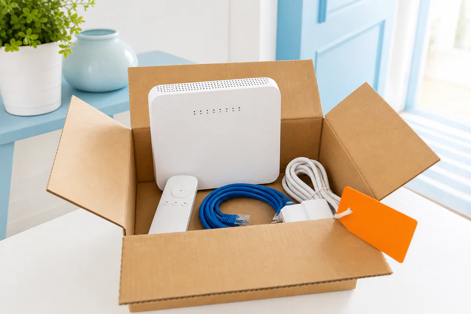 Open moving box with a Wi-Fi gateway, remote and connection cables