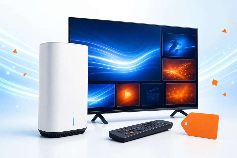 Modern Wi-Fi gateway, television and remote arranged in a bright telecom product display