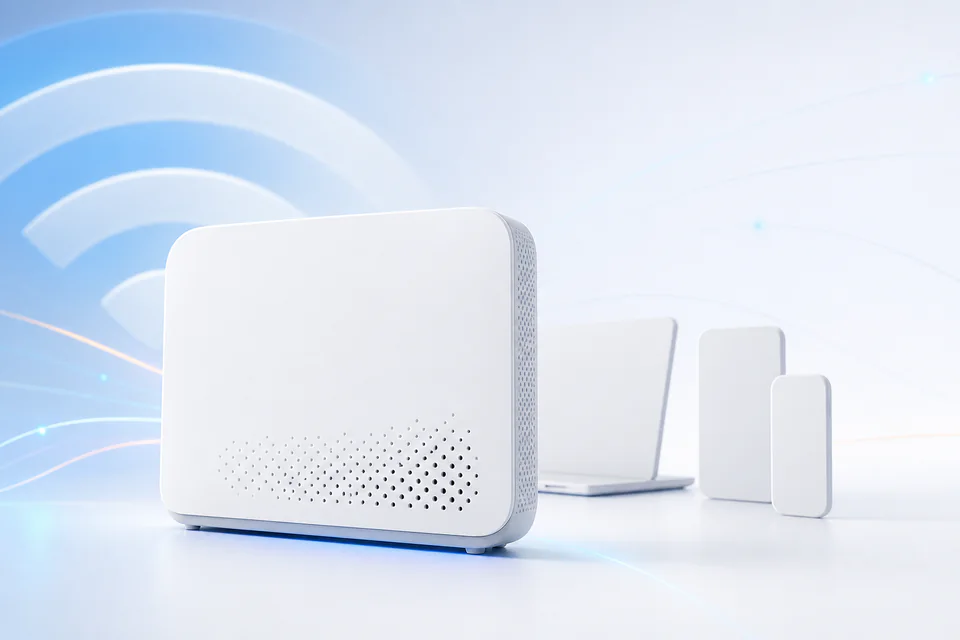 Modern Wi-Fi gateway with wireless coverage and connected-device graphics